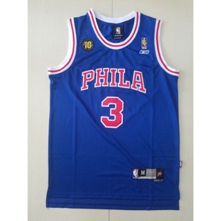 Philadelphia NBA 76ers ขายดี ไม่ซ้ําใคร สําหรับผู้ชาย #3 เสื้อกีฬาแขนสั้น ลายทีมครบรอบ 10 ปี Allen Iverson สีฟ้า สไตล์เรโทร 860933