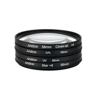 Andoer ชุดฟิลเตอร์กรองแสง UV CPL 58 มม. ระยะใกล้ 4 ดาว 8 จุด โพลาไรเซอร์ มาโครโคลสอัพ สตาร์ 8 จุด พร้อมกระเป๋า สําหรับกล้อง Nikon Canon Pentax Sony DSLR