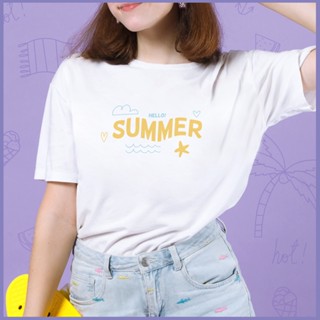 🌈 ☀️ เสื้อยืด หน้าร้อน เที่ยวทะเล น่ารักๆ Summer set Tshirt Unisex สีขาว ใส่ได้ทุกเพศ Polyester 100%