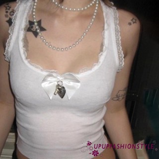 Up[]- เสื้อกล้าม แขนกุด คอตัก ประดับโบว์ ลูกไม้ด้านหน้า เสื้อครอป เสื้อลําลอง ฤดูร้อน สําหรับผู้หญิง