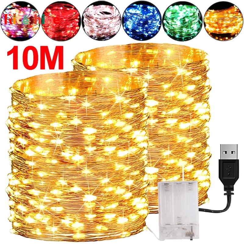 สายไฟหิ่งห้อย LED ทองแดง กันน้ํา ใช้แบตเตอรี่ 5 10 เมตร ชาร์จ USB สําหรับตกแต่งคริสต์มาส งานแต่งงาน