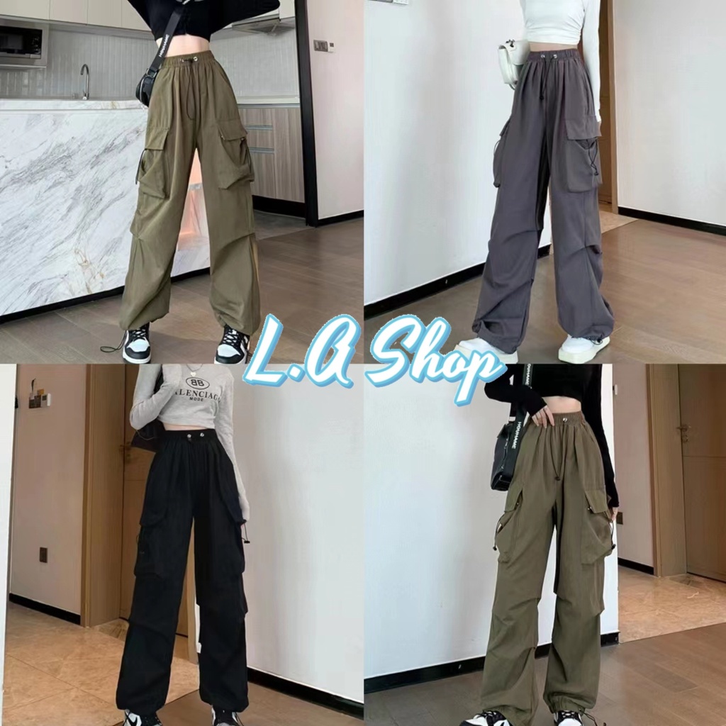 L.A Shop พร้อมส่ง กางเกงคาร์โก เอวสม๊อค ทรงกระบอกเล็ก3สี กระเป๋าข้างผ้าลื่นๆ "2097" -NZ-H