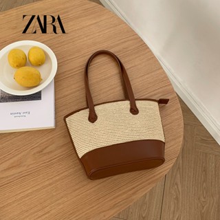 Zara ins Niche กระเป๋าฟาง ทรงโท้ท เรียบง่าย สไตล์เรโทร สําหรับผู้หญิง