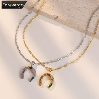 Forevergo สร้อยคอสเตนเลส จี้รูปเกือกม้า ประดับเพทาย หลากสี เครื่องประดับสตรี G6V6