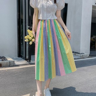 กระโปรงหนังครึ่งตัว ลายทาง ขนาดใหญ่ สีสันสดใส แฟชั่นฤดูร้อน สําหรับผู้หญิง