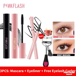 【COD】PINKFLASH OhMyWink มาสคาร่ากลางวัน &amp; กลางคืนเพิ่มความยาวปริมาณน้ำแท่งซิลิโคนที่เติมไฟเบอร์กันน้ำ Cruelty-Free +อายไลเนอร์ + ที่ดัดขนตา Set [prettylady]