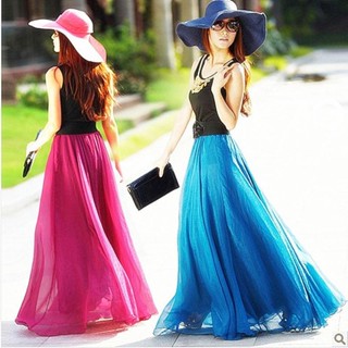 กระโปรงแม็กซี่ยาว ผ้าชีฟอง เอวสูง ทรงเอ 2 ชั้น สีพื้น แฟชั่นฤดูร้อน สําหรับสตรี เต้นรํา