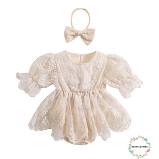 Babyclothes- ชุดรอมเปอร์ จั๊มสูท แขนสั้น ปักลายดอกไม้ ลูกไม้ และที่คาดผม แบบยืดหยุ่น แฟชั่นฤดูร้อน สําหรับเด็กผู้หญิง