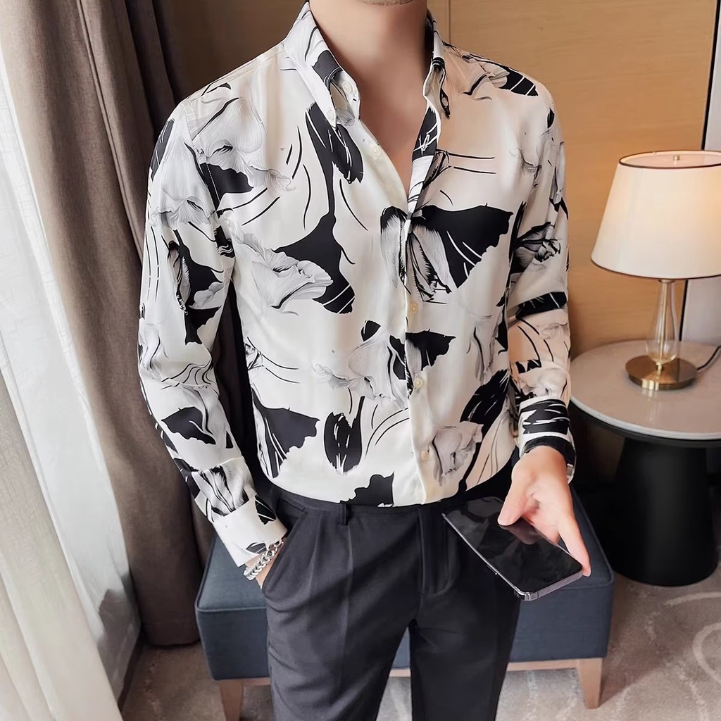 ฤดูใบไม้ร่วงครึ่งแขนเสื้อดอกไม้ผู้ชาย Puffian หล่อ Cool Drape พิมพ์เสื้อแขนยาวขนาดใหญ่อินเทรนด์ Casual Top ผู้ชาย M-4XL
