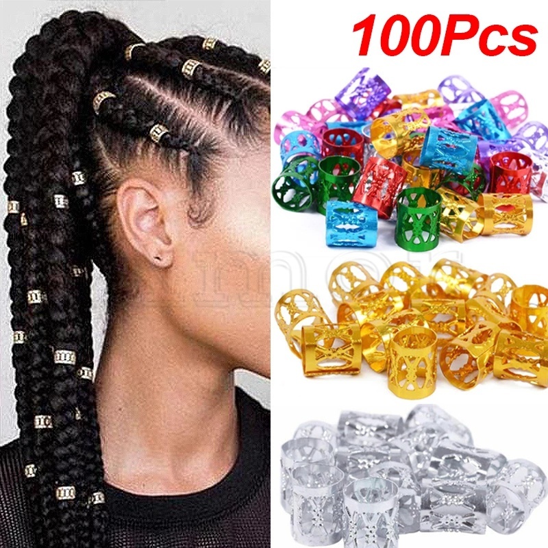 เครื่องประดับ กิ๊บติดผม ลูกปัดเดรดล็อก โลหะ ปรับได้ สีทอง สีเงิน DIY 100 ชิ้น
