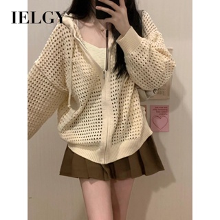 Ielgy เสื้อแจ็กเก็ต มีฮู้ด สีเบจ สไตล์เกาหลี สําหรับผู้หญิง