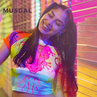 Musgal เสื้อครอปท็อปลําลอง คอกลม แขนสั้น พิมพ์ลาย หลากสี แฟชั่นสําหรับสตรี 2023