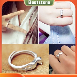 Beststore|  แหวนนิ้วมือ ชุบเงิน รูปแมวน่ารัก สามารถปรับได้ ของขวัญคริสต์มาส แฟชั่นสําหรับผู้หญิง