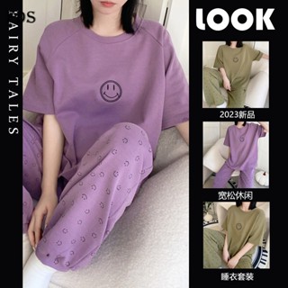Fds ชุดนอน เสื้อแขนสั้น กางเกงขายาว ลายหน้ายิ้ม สีม่วง แบบเรียบง่าย แฟชั่นสไตล์เกาหลี สําหรับผู้หญิง