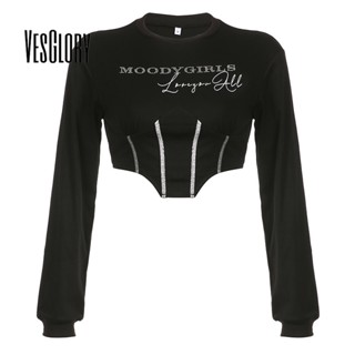 Vesglory เสื้อครอปท็อป แขนยาว คอกลม พิมพ์ลายตัวอักษร สีตัดกัน แฟชั่นสําหรับผู้หญิง 2023