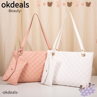 Okdeals กระเป๋าถือ กระเป๋าสะพายไหล่ สะพายข้าง หนัง Pu ความจุสูง สีพื้น สําหรับสตรี สองชิ้น