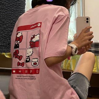 เสื้อยืดแขนสั้นลําลอง ผ้าฝ้าย แบบบาง ทรงหลวม พิมพ์ลายการ์ตูนอนิเมะ Sanrio Hello Kitty สีชมพู เข้ากับทุกการแต่งกาย แฟชั่นฤดูร้อน สําหรับผู้หญิง และนักเรียน