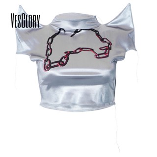 Vesglory เสื้อครอปท็อป แขนแตร พิมพ์ลาย สีพื้น ทรงสลิมฟิต แฟชั่นสําหรับผู้หญิง 2023