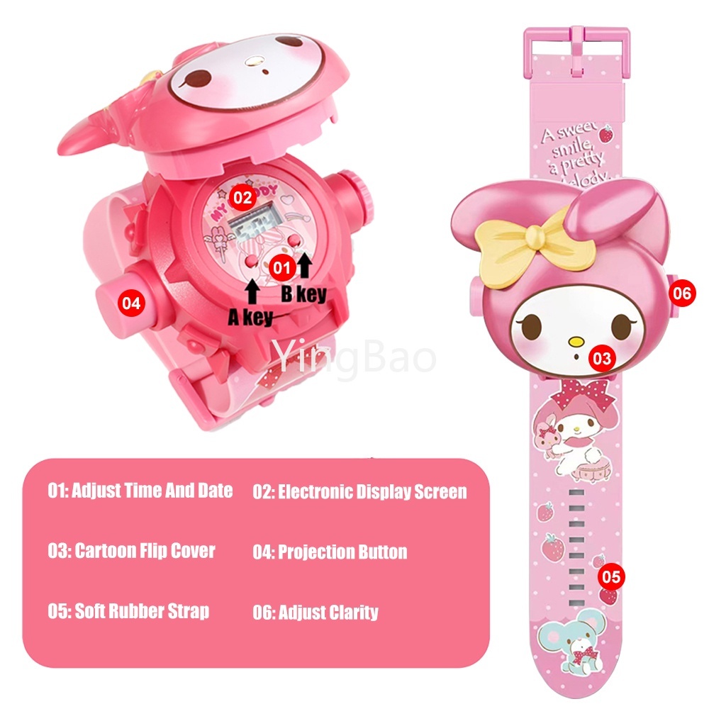 Cinnamoroll Kuromi 3D นาฬิกาโปรเจคเตอร์ Sanrio Melody Kitty ของเล่น ไม่มีกล่อง นาฬิกาพลิกยอดนิยม Kawaii ของขวัญเด็กผู้หญิง
