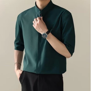MANSTR ใหม่ เสื้อเชิ้ตแขนห้าส่วน 3 4 ผ้าเรยอน สีขาว ดํา เขียว สไตล์เกาหลี เหมาะกับฤดูร้อน สําหรับผู้ชาย