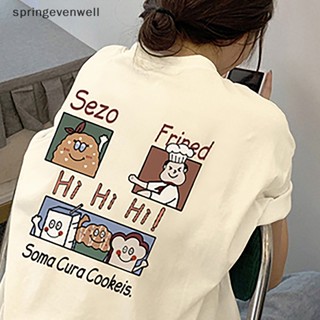 [springevenwell] เสื้อยืดลําลอง แขนสั้น คอกลม พิมพ์ลายการ์ตูน ทรงหลวม แฟชั่นฤดูร้อน สําหรับสตรี