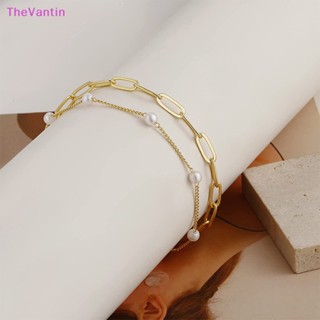 Thevantin สร้อยข้อเท้า สองชั้น ประดับมุกเทียม กันน้ํา สีทอง สีเงิน เครื่องประดับชายหาด สไตล์โบฮีเมียน แฟชั่นสําหรับผู้หญิง