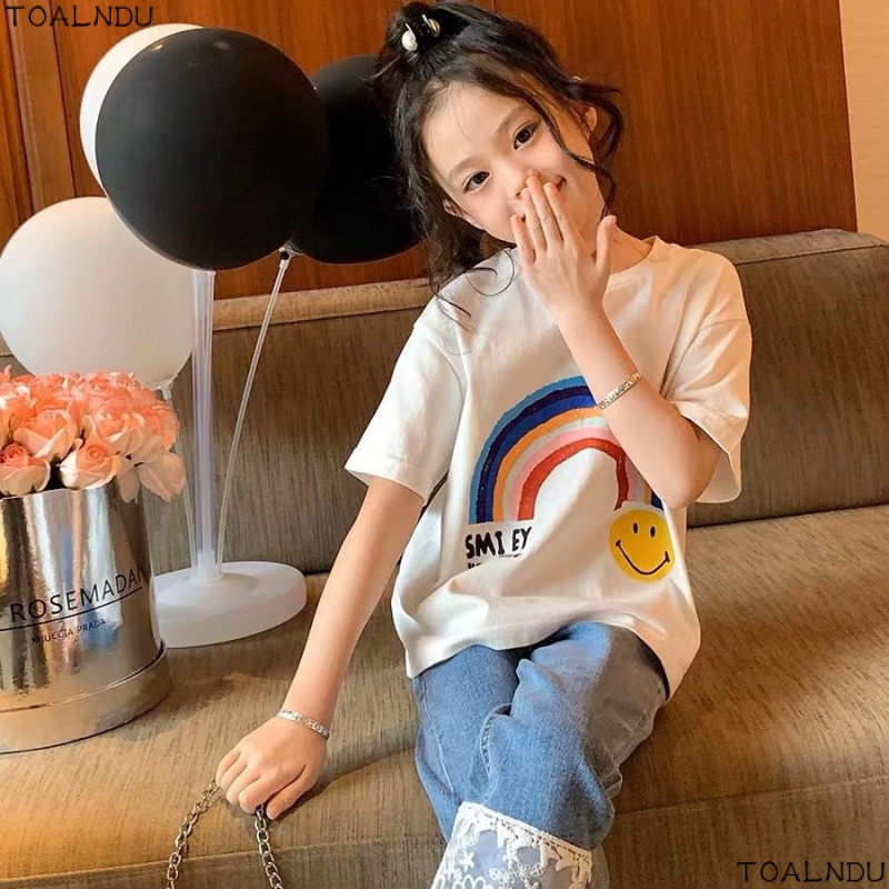 เสื้อยืดคอกลม ผ้าฝ้ายแท้ ลายหน้ายิ้ม สีรุ้ง เรียบง่าย เข้ากับทุกการแต่งกาย แฟชั่นฤดูร้อน สําหรับแม่ และลูก 2023 2023