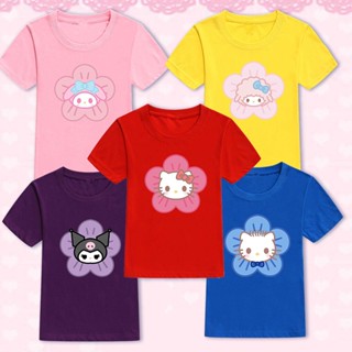 เสื้อยืดลําลอง พิมพ์ลาย Kuromi Piano My Melody Cinnamoroll Hellokitty แฟชั่นสําหรับเด็กผู้หญิง