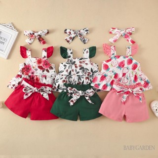 Babygarden-3-24m ชุดเสื้อผ้าเด็กผู้หญิง แขนบิน คอสี่เหลี่ยม พิมพ์ลายสตรอเบอร์รี่ / ดอกไม้ + กางเกงขาสั้นผูก + ที่คาดผม