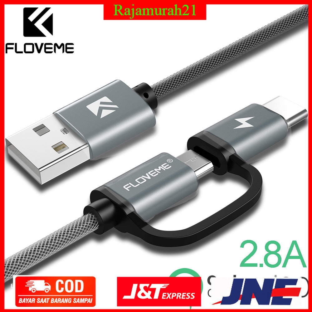 Floveme 2 in 1 Micro USB + USB Type C QC3.0 2.8A 100cm สายชาร์จ - P9 - สีเทา - FQUA0EGY