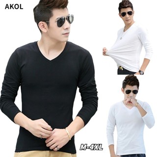 เสื้อยืดแขนยาว คอวี ผ้าฝ้าย แบบรัดรูป สําหรับผู้ชาย