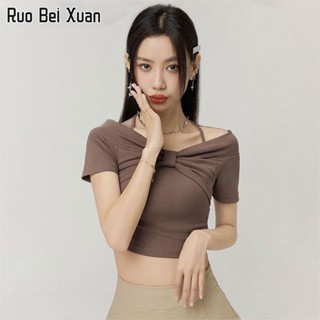 RUO BEI XUAN เสื้อยืดสตรีใหม่สไตล์เกาหลีเชือกแขวนคอคอสูงเอวบางแขนสั้นท็อปส์