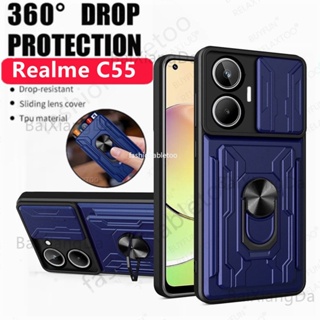 เคสโทรศัพท์มือถือ กันกระแทก พร้อมแหวนขาตั้งโลหะ และช่องใส่บัตร สําหรับ Realme C55 Nfc C 55 RealmeC55 Nfc RealmeC55Nfc