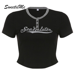 Sweeticme ใหม่ เสื้อยืดลําลอง แขนสั้น คอกลม พิมพ์ลายตัวอักษร สีตัดกัน แฟชั่นสําหรับสตรี 2023