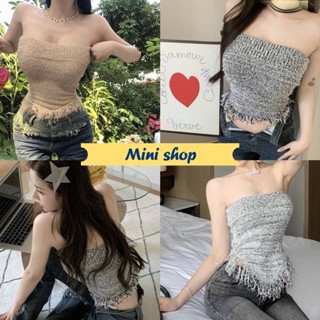 Mini shop🌸พร้อมส่ง🌸 (11541) เสื้อเกาะอกไหมพรม ดีทเลปลายปล่อยระบายสามเหลี่ยม -C