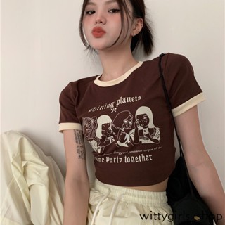 Wittygirls-shop_เสื้อยืดครอปแขนสั้น คอกลม พิมพ์ลาย สไตล์วินเทจ แฟชั่นฤดูร้อน สําหรับผู้หญิง