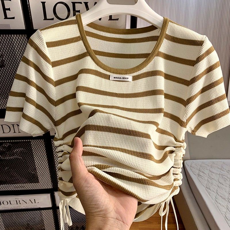 Bh เสื้อยืด คอกลม แขนสั้น ผ้าถัก ลายทาง มีเชือกผูกเอว สําหรับผู้หญิง