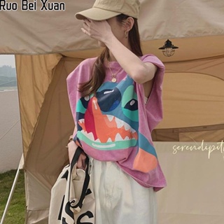 RUO BEI XUAN เสื้อกั๊กสตรีฤดูร้อนใหม่หลวมสบาย ๆ Stitch พิมพ์เสื้อยืดแขนกุด