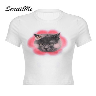 Sweeticme เสื้อยืดคอกลม แขนสั้น พิมพ์ลายแมว สีตัดกัน แฟชั่นฤดูร้อน สําหรับผู้หญิง 2023