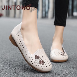 Jintoho รองเท้าโลฟเฟอร์หนัง ระบายอากาศ ส้นเตี้ย แบบสวม มีรู ลําลอง แฟชั่นสําหรับผู้หญิง