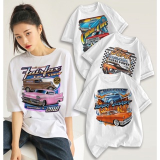 เสื้อยืดผ้าฝ้ายพิมพ์ลายVintage Cars Oversized White T shirts Trendy Men Women casual Tops tshirt