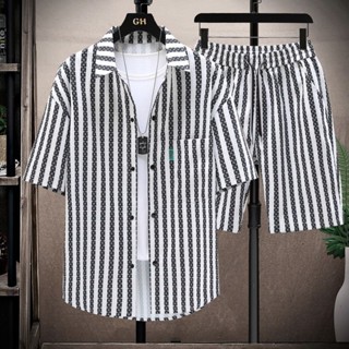 Mens Short-sleeved Shirt Summer Ins Trendy Brand Fashion Casual Suit Mens Shirt Yipi Handsome Striped Beach Half-length Pants