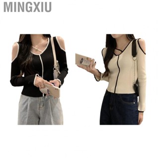 Mingxiu Women Cold Shoulder Top   Fitting V Neck Patchwork Knitted Shirt  for Daily for Female