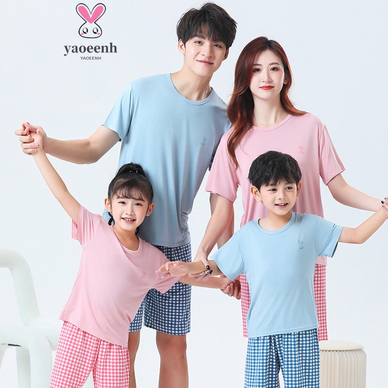 【YAOEENH】ชุดนอนแขนสั้น กางเกงขาสั้น ลายสก๊อต สีพื้น สําหรับแม่ และลูก ขนาด 90-180 ซม.