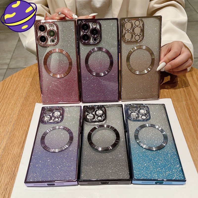 เคสโทรศัพท์มือถือแบบนิ่ม ทรงสี่เหลี่ยม ไล่โทนสี พร้อมตัวดูดแม่เหล็ก สําหรับ IPhone 14 13 12 11 Pro Max 14Plus