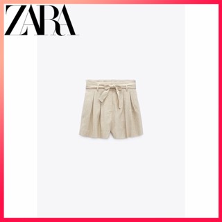 Zara ใหม่ เสื้อผ้าผู้หญิง กับเข็มขัด ผ้าลินิน ผสม กางเกงขาสั้น ลําลอง