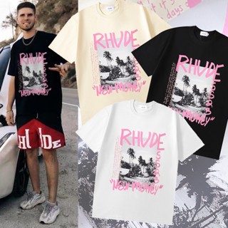 เสื้อยืดแขนสั้นลําลอง ผ้าฝ้าย พิมพ์ลายตัวอักษร RHUDE สีน้ํามัน สไตล์สตรีท แฟชั่นสําหรับผู้ชาย และผู้หญิง