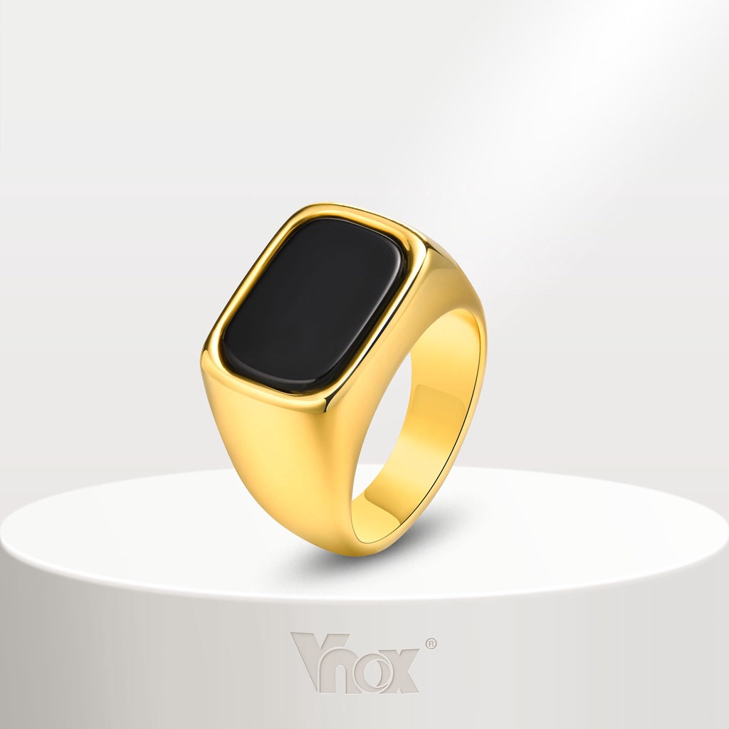 Vnox แหวนแฟชั่นผู้ชาย สเตนเลส ทรงเรขาคณิต สี่เหลี่ยมผืนผ้า สีดํา หินด้านบน ชุบทอง เครื่องประดับผู้ชาย