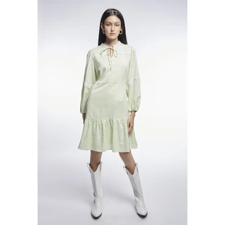 EP เดรสสั้นลายตารางแต่งลูกไม้ ผู้หญิง สีเขียว | Checkered Dress with Lace Detail | 04713