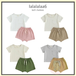 Laa6- ชุดเสื้อเชิ้ต แขนสั้น สีพื้น และกางเกงขาสั้น แบบยืดหยุ่น สําหรับเด็กทารกแรกเกิด 2 ชิ้น